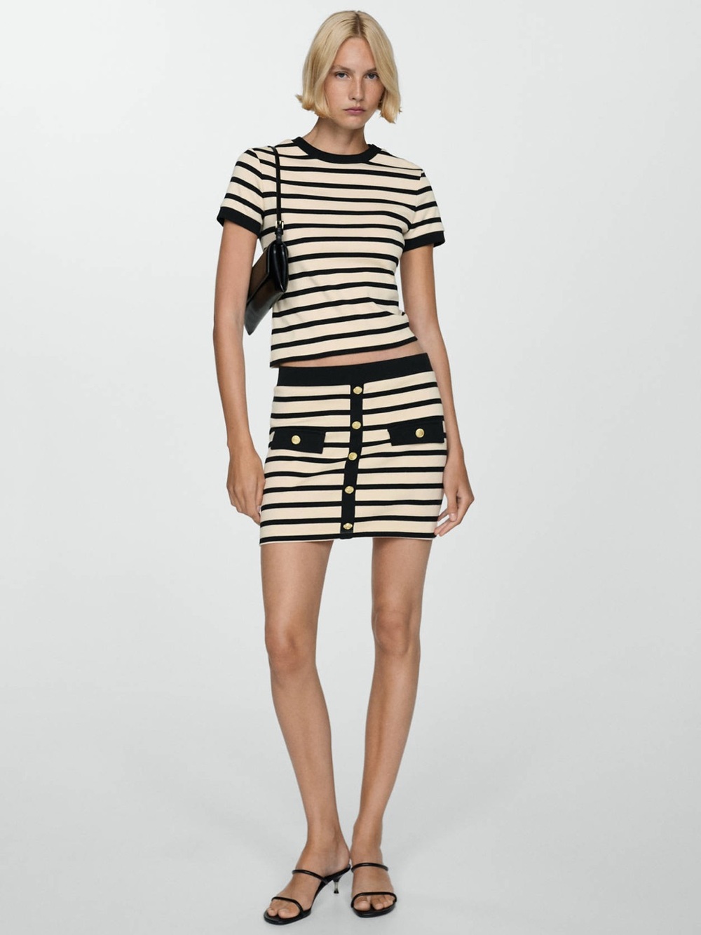 MANGO Striped T-Shirt Top and Mini Skirt with Buttons Set Size S/XS
